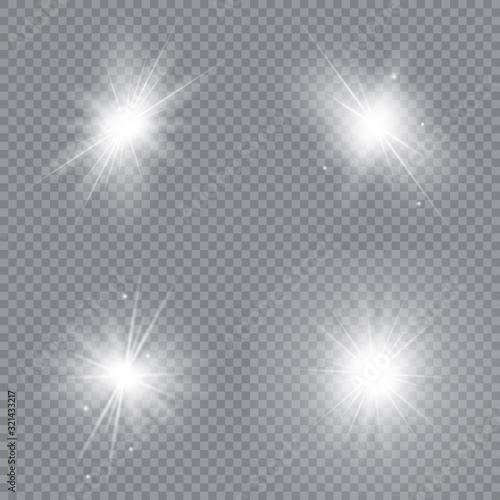 Set of bright stars. Glowing light explodes on a transparent background. Sparkling magical dust particles. Vector illustration.