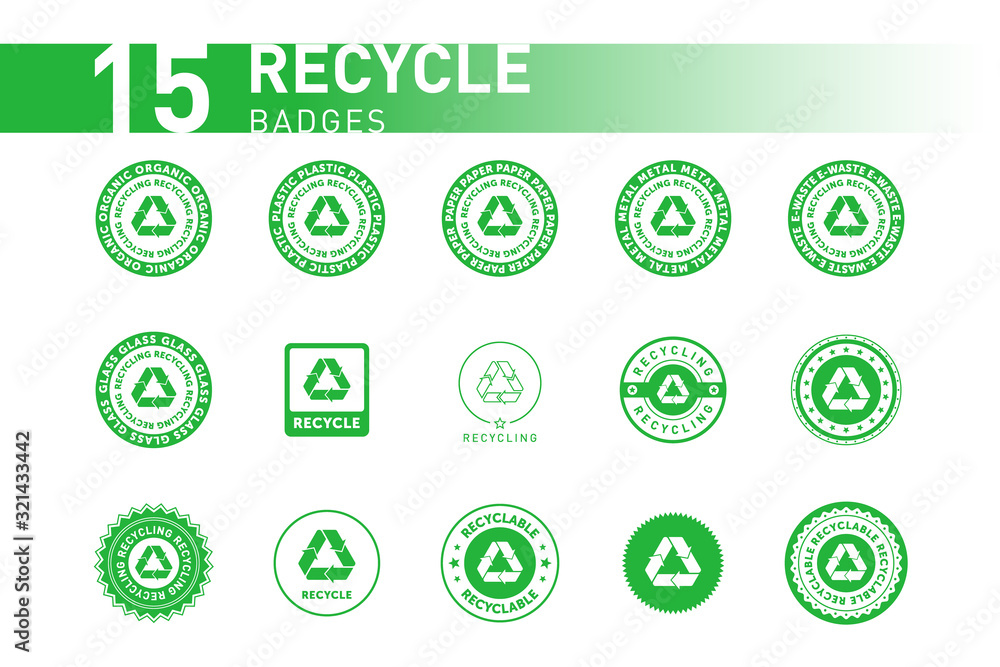 Collection of recycling sign green round line sticker with Mobius strip, band or loop. Design element for packaging design and promotional material. Vector illustration. Collection of recycling sign green round line sticker with Mobius strip, band or loop. Design element for packaging design and promotional material. Vector illustration.