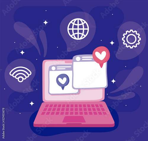 Laptop and heart bubble of social media concept vector design © djvstock