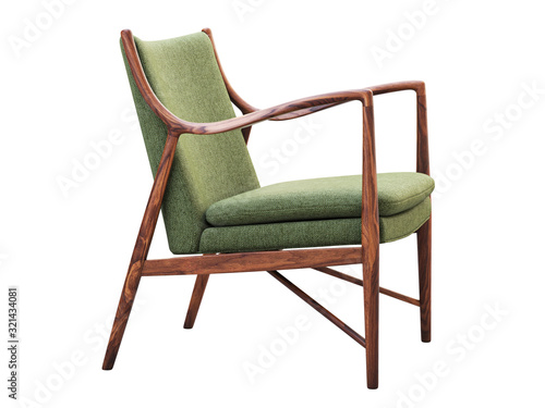 Green fabric chair with wooden legs. 3d render