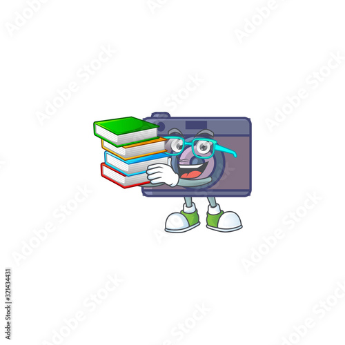 A brainy clever cartoon character of retro camera studying with some books
