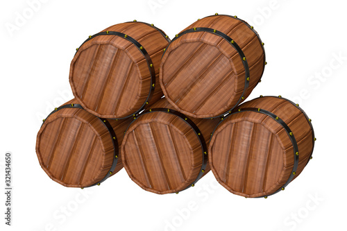 3d render of five wooden barrel with gold rivets isolated over white background