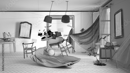 Unfinished project draft, living room, home chaos concept with chairs and table, windows and curtains, furniture and other accessories flying in the air, explosion, gust of wind