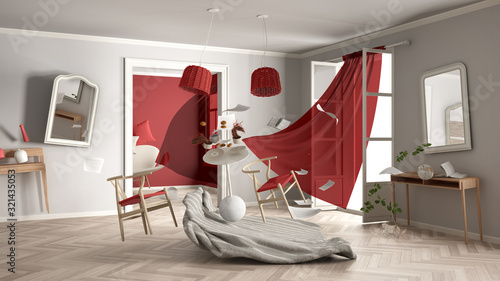 White and red living room, home chaos concept with chairs and table, windows and curtains, broken vase, furniture and other accessories flying in the air, explosion, gust of wind