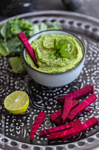 Green pea dip with beetroot sticks