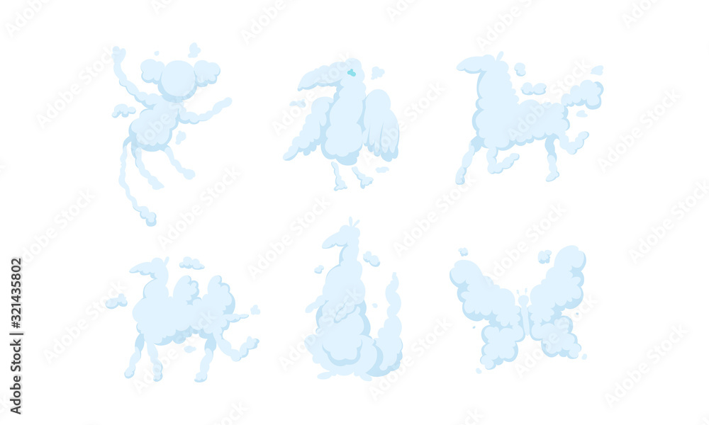 White Clouds in the Shape of Different Animals Collection, Monkey, Bird, Horse, Camel, Kangaroo, Butterfly Vector Illustration