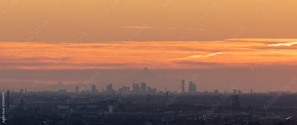 Milan, new panoramic skyline 2020. New buildings and skyline of the city. The alps and the Monviso peak (3841m), more than 150 miles away, are on the background.