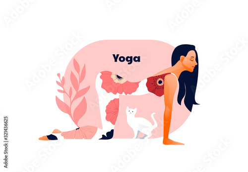 Woman practicing yoga exercise, yoga pose. International Yoga Day.Cat bothers. White kitten. Design concept of web page design or mobile website. Vector illustration