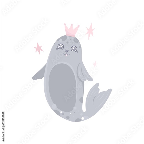 Vector sea animal. Little animal fur seal in crown. Cartoon illustration of marine life objects for your design. Isolated elements for kids book decoration, postcard, educational game, sticker.