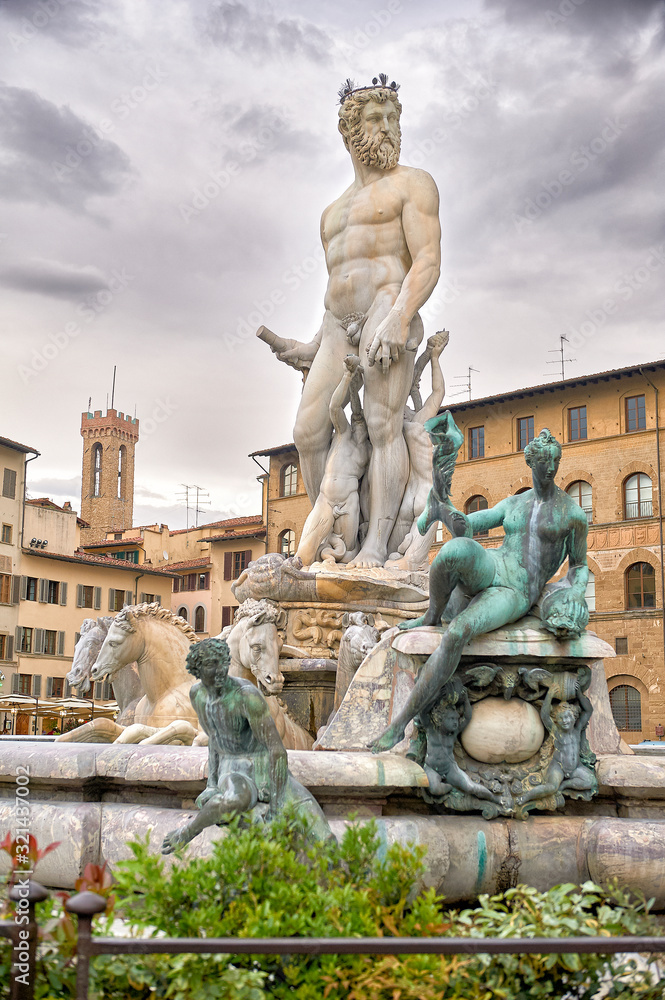 Fountain of Neptune by Bartolomeo Ammannati is a fountain in Florence, Italy, situated on the Piazza della Signoria in front of the Palazzo Vecchio, Florence, Italy, Europe