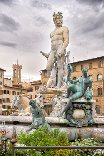 Fountain of Neptune by Bartolomeo Ammannati is a fountain in Florence, Italy, situated on the Piazza della Signoria in front of the Palazzo Vecchio, Florence, Italy, Europe