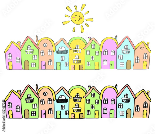 Multi-colored houses on a white background. Cartoon. Vector illustration.