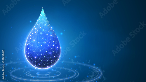 Water Drop, clean droplet of water with lines. Liquid concept. Abstract polygonal image on blue neon background. Low poly, wireframe, digital 3d vector illustration