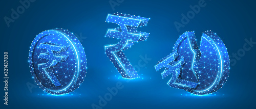 Set of Rupee Coins with symbols. Low poly, wireframe, digital 3d vector illustration. Abstract polygonal Indian money growth and downtrend concept, image on blue neon background