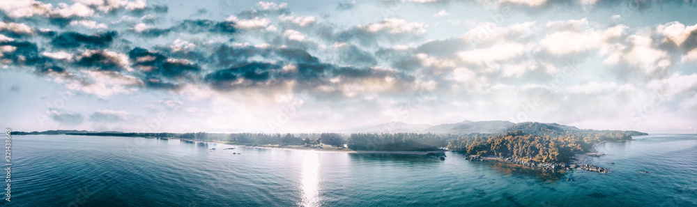 Khao Lak coastline, beautiful panoramic aerial view on a sunny morning, Thailand