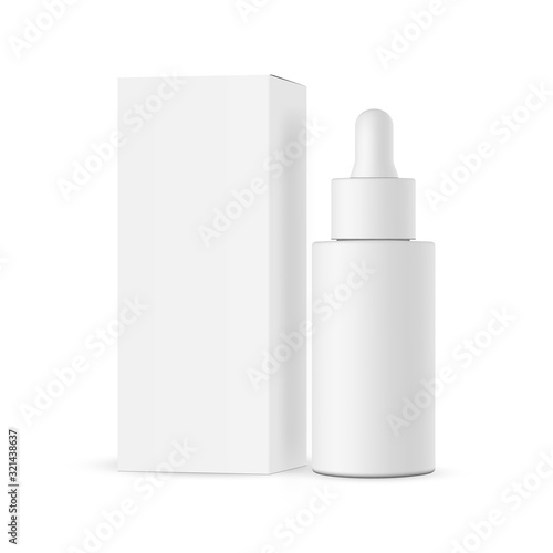 Dropper bottle with packaging box mockup isolated on white background. Vector illustration