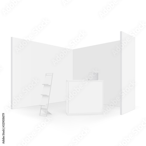 Exhibition booth mockup with table, laptop and leaflet holder. Vector illustration