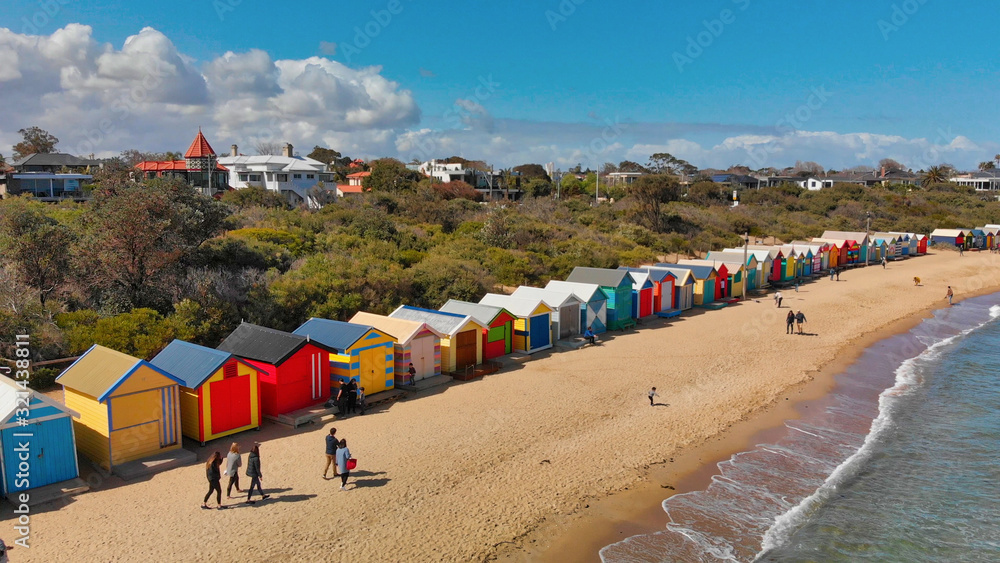 Aerial view of Brighton Beach Colourful Huts, Victoria, Australia