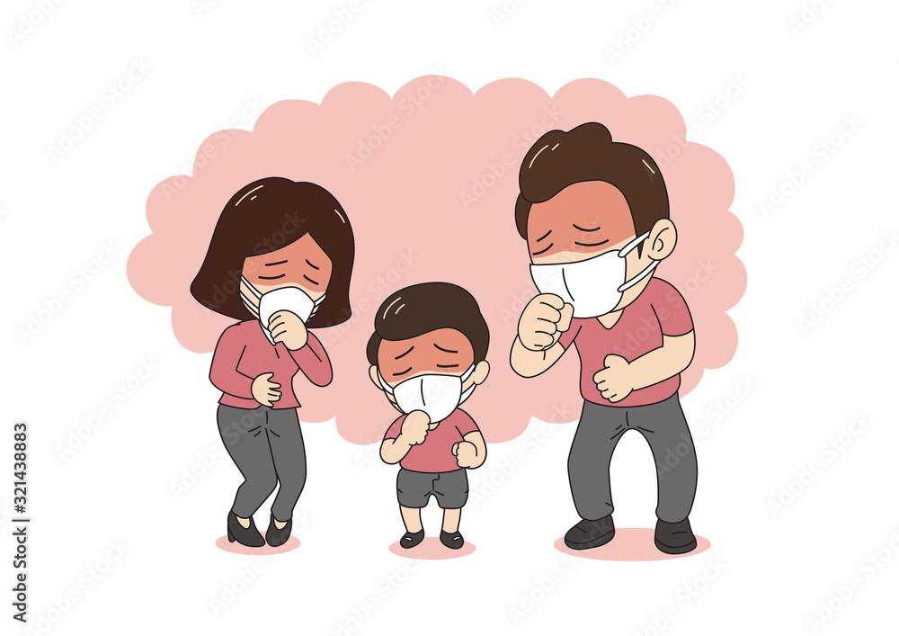 Air pollution concept sick family coughing and wearing protective face mask against smoke on background for design. Air pollution concept sick family coughing and wearing protective face mask against smoke on background for design.