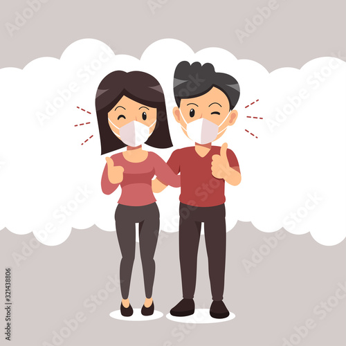 Air pollution concept couple wearing protective face mask against smoke on background for design.