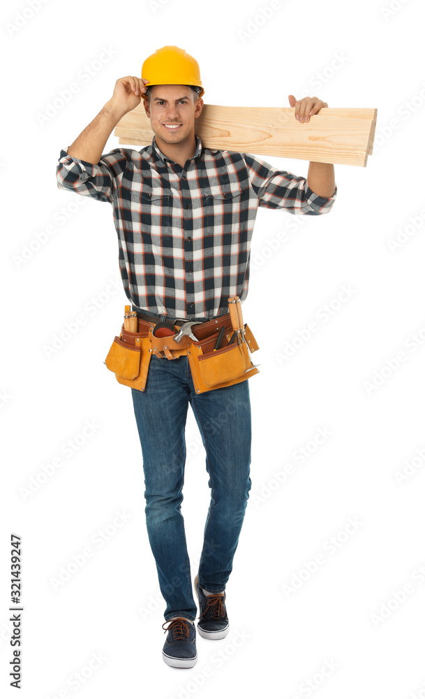 Handsome carpenter with wooden planks isolated on white Handsome carpenter with wooden planks isolated on white