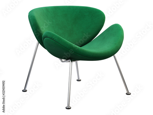 Mid-century green fabric chair with chromium legs. 3d render.