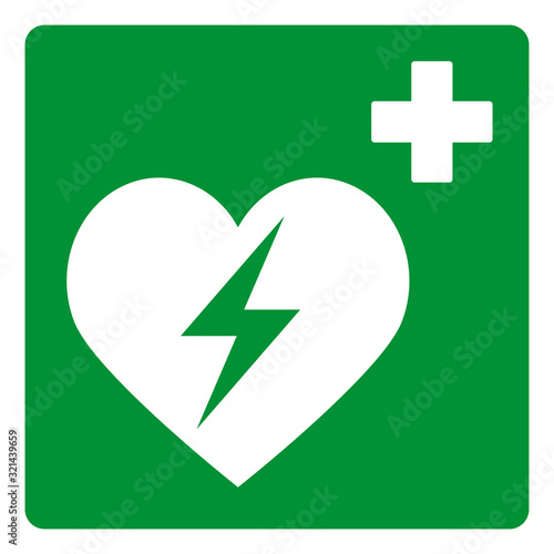 nrs40 NewRescueSign nrs - english - AED, Automated External Defibrillator sign - heart and electricity symbol - simple green template - button - square xxl g9013 photo