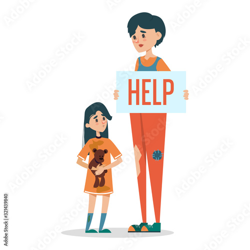 Sad homeless woman with a little child begging for money