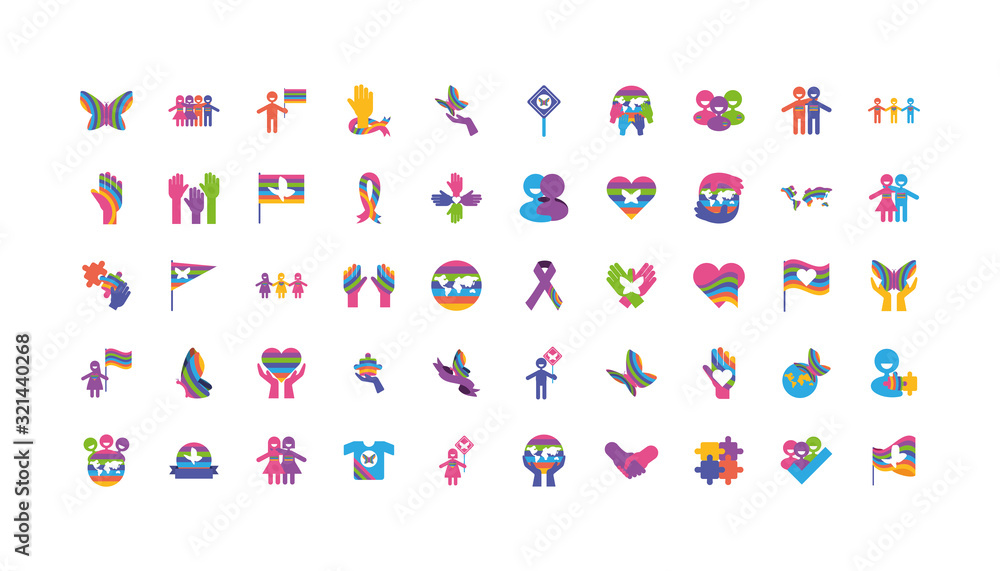 Icon set of zero discrimination day, flat style icons Icon set of zero discrimination day, flat style icons