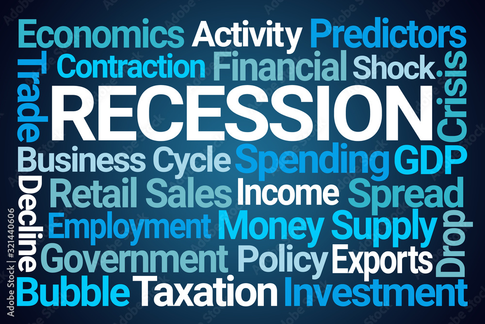 Recession Word Cloud on Blue Background Recession Word Cloud on Blue Background