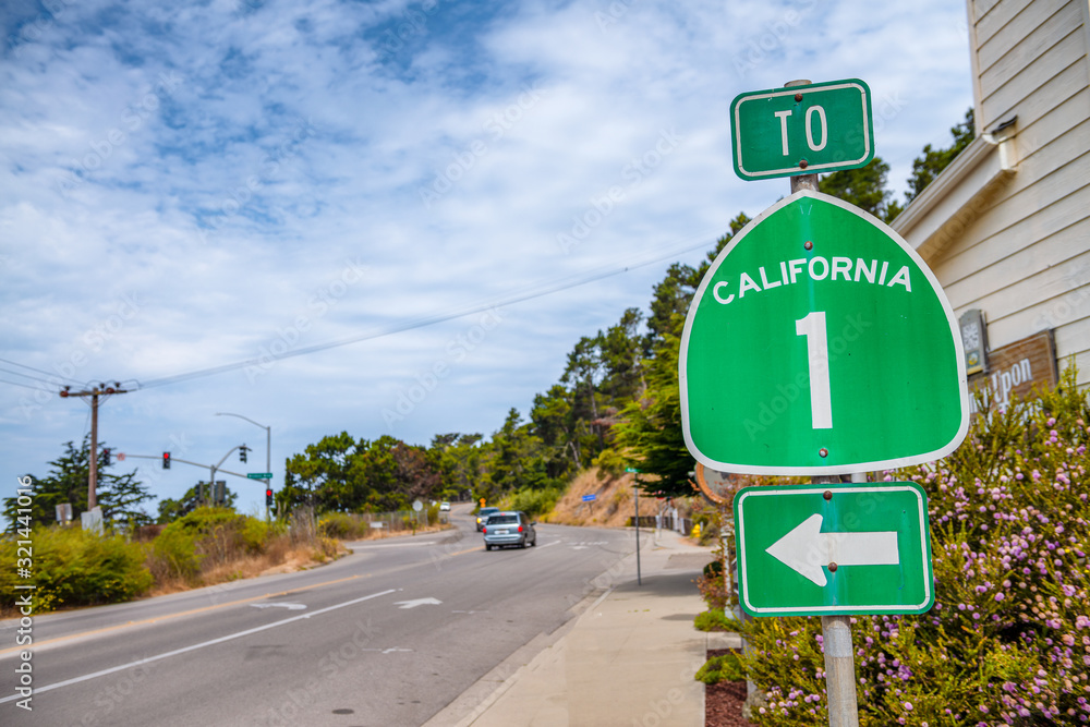 California highway 1 green sign on the street California highway 1 green sign on the street