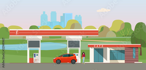 Charging station for electric vehicles against the backdrop of the cityscape. Vector flat style illustration.