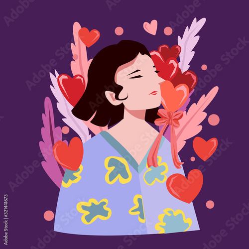 Happy Valentine's Day with girl and bouquet of heart, Valentines card and poster