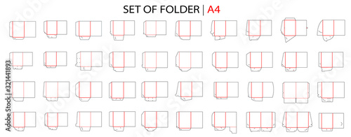 Folder set tempale with gusset die cut stamp. Empty folder shablon template for A4 documents and business card with lock. Vector black isolated circuit, line folder for die cutter on white background.