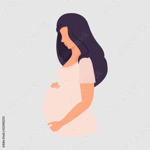 Avatar pregnant girl gently hugs her belly. Woman waiting for the baby. Flat cartoon style. Vector. Isolated on white background