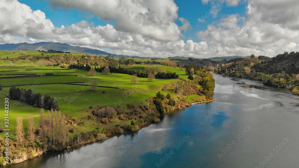 New Zealand aerial view. Meadows and river