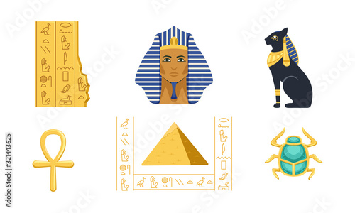 Traditional Cultural and Historical Symbols of Egypt Collection, Pyramid, Ankh, Tutankhamun, Scarab, Bastet Vector Illustration