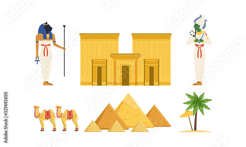 Traditional Cultural and Historical Symbols of Egypt Collection, Ancient Egyptian Deities, Pyramids, Camel, , Palm Tree Vector Illustration
