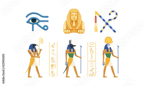 Traditional Cultural and Historical Symbols of Egypt Collection, Ancient Egyptian Deities, Eye of Horus, Sphinx Statue, Rod and Whip Vector Illustration