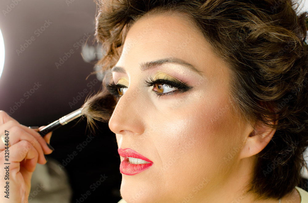 Fototapeta premium Make-up artist working with brush on model face. Side portrait of young woman in beauty studio interior. Close up of beautiful young brunette female model getting blush with big cosmetic brush
