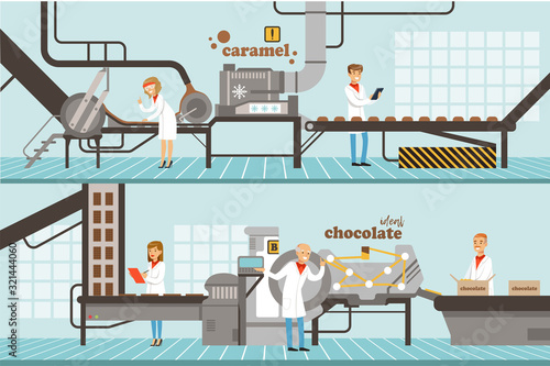 Chocolate and Caramel Factory Production Lines Set, Sweets Confectionery Industry Equipment Vector Illustration