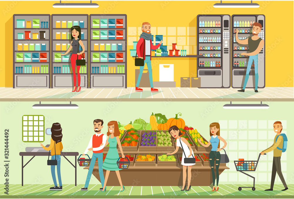Φωτογραφία People Shopping in Supermarket Set, Male and Female Customers Buying Food Produc