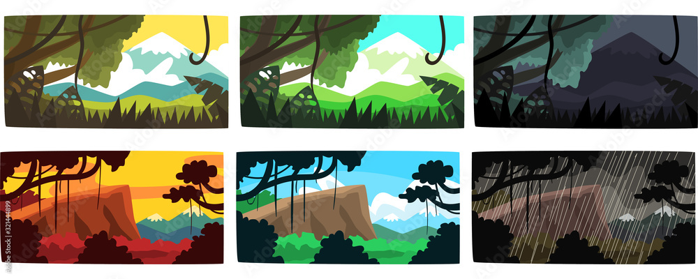 Collection of Beautiful Scene of Nature in Different Time of Day and Weather, Tropical Rainforest Horizontal Backdrops Vector Illustration