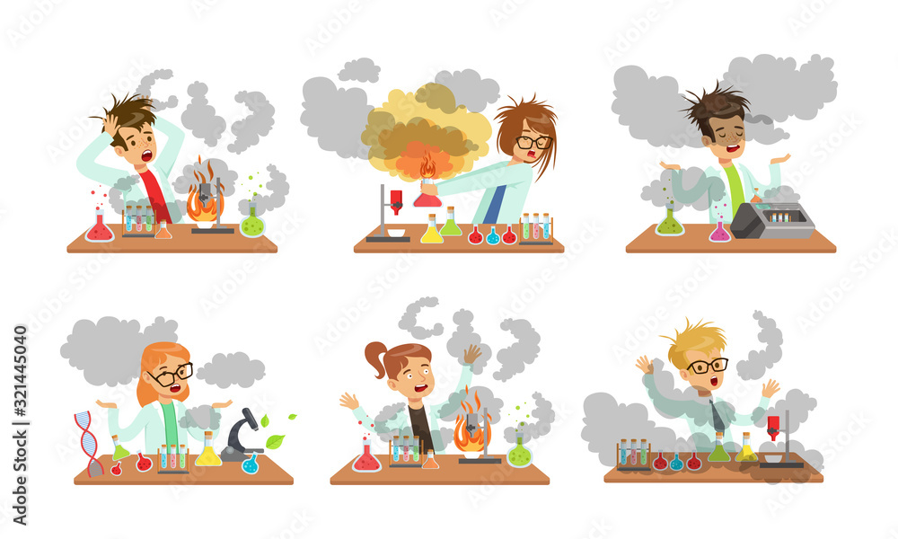 Collection of Boy and Girls Scientist After Failed Experiments, Schoolchildren Experimenting in Science Laboratory Vector Illustration Collection of Boy and Girls Scientist After Failed Experiments, Schoolchildren Experimenting in Science Laboratory Vector Illustration