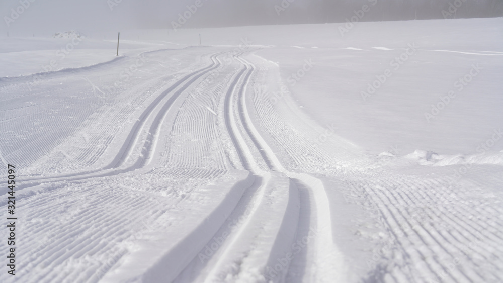 a cross country ski run on a agriculture field on a sunny and foggy  day