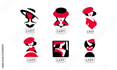 Lady Logo Design Collection, Fashion and Beauty Red and Black Emblems Vector Illustration