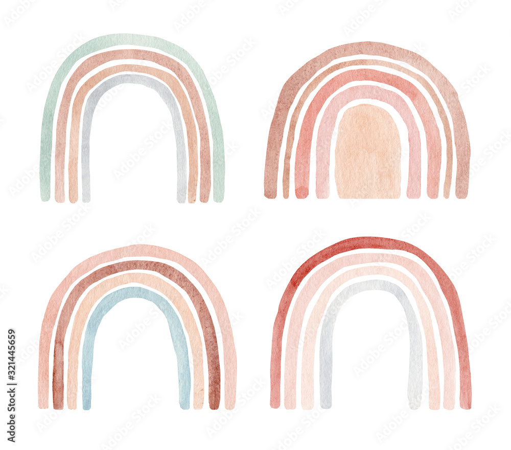 Cute watercolor colorful rainbow card. Fashion print or poster. Hand drawn cute set illustration of rainbow. Contemporary art.