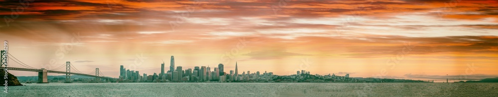 Panoramic view of San Francisco skyline from the ocean at sunset