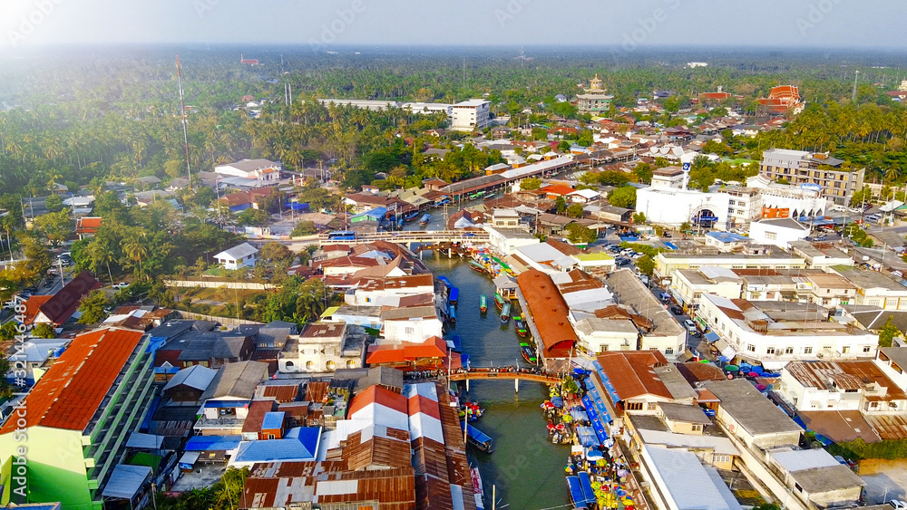 Aerial view of Amphawa Market at sunset, famous floating market near Bangkok, Thailand
