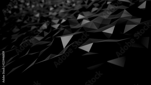 abstract background black dark low poly triangles . geometric shapes technical science wallpaper , glamour fashion sparkle of bloom defocus bokeh dots . raster render 3d 4k